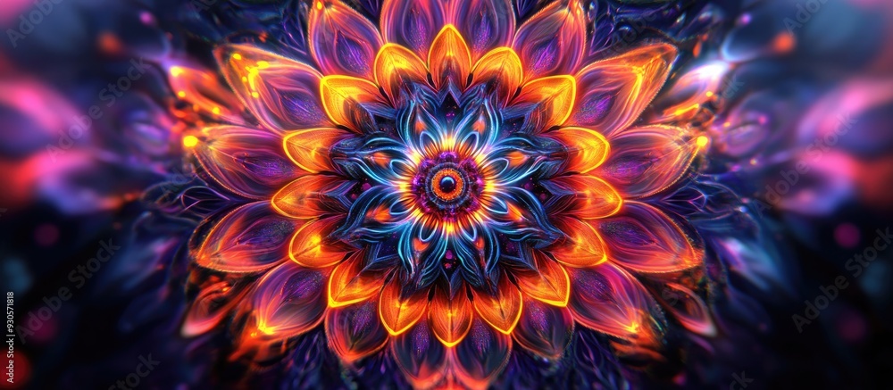 Poster vibrant 3d rendering of a neon mandala in an abstract background abstract cover design