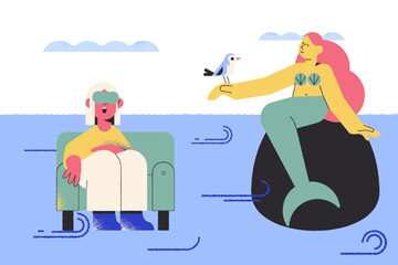 Woman in vr headset seeing a mermaid