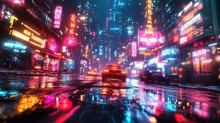 Fototapeta premium Future Nighttime Neon Cityscape, Generative AI.