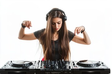Dynamic female DJ mixing beats on turntables against a white background in a studio setting