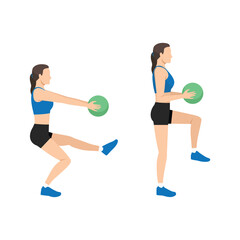 Woman doing medicine ball pistol squat. Flat vector illustration isolated on white background