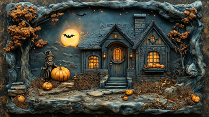 Obraz premium Halloween scene on metal bas-relief eatures a spooky haunted house with glowing jackolanterns, framed by an enchanting sunset, perfect for Halloweenthemed projects