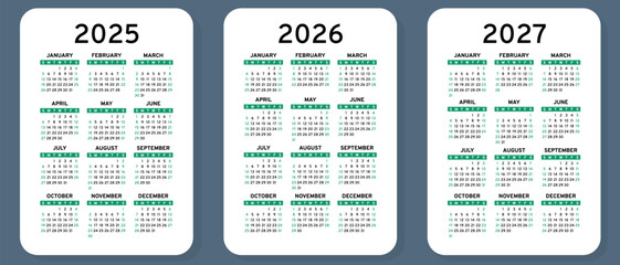 2025, 2026 and 2027 calendar set. Vector pocket calender design. Week starts on Sunday. January, February, March, April, May, June, July, August, September, October, November, December