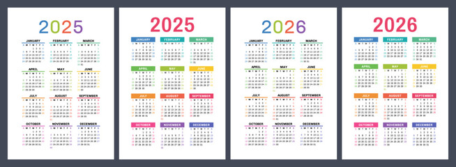 2025 and 2026 calendar set. Vector pocket calender design. Week starts on Sunday. January, February, March, April, May, June, July, August, September, October, November, December