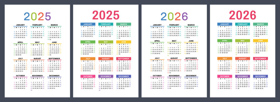 2025 and 2026 calendar set. Vector pocket calender design. Week starts on Sunday. January, February, March, April, May, June, July, August, September, October, November, December