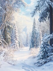 Fototapeta premium Winter scene with snowy trees creating a holiday themed copy space image perfect for Christmas and New Year greetings