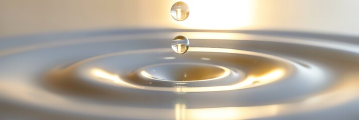 A single water drop falls into still water, creating concentric ripples. The light refracts through the water, creating a sparkling effect.