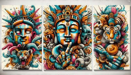 Obraz premium HD triptych art of graffiti from different cultures, simple artistic elements blended with street art, vibrant colors, mixed media, white background