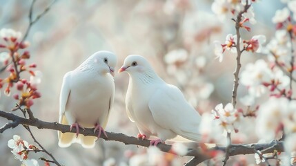 Two White Doves Perched on a Branch Amidst Blooming Flowers