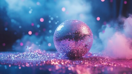 A disco ball is sitting on a table covered in glitter. The glitter is pink and purple, and the ball is silver. The scene is set in a room with a blue background, and the lighting is dim.