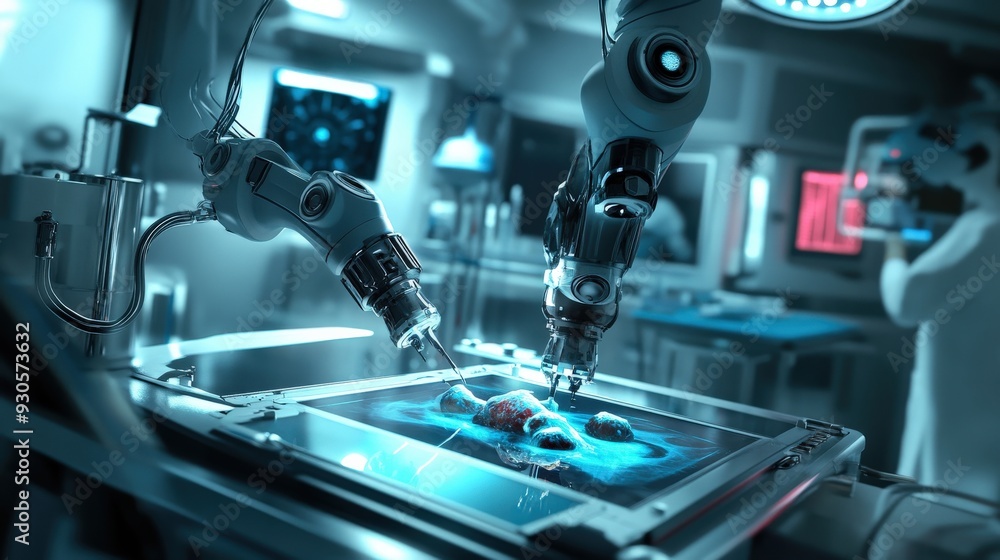 Poster advanced robotic arms perform a precise surgical procedure in a state-of-the-art operating room fill