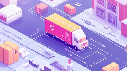 Fototapeta premium 3D illustration of a delivery truck navigating city streets. E-commerce and logistics concept with purple and orange color scheme.