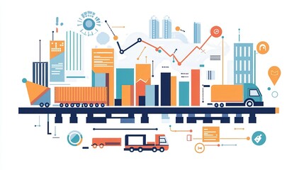 Fototapeta premium Abstract illustration of a cityscape with trucks, charts, and data symbols, representing logistics, transportation, and data analysis.