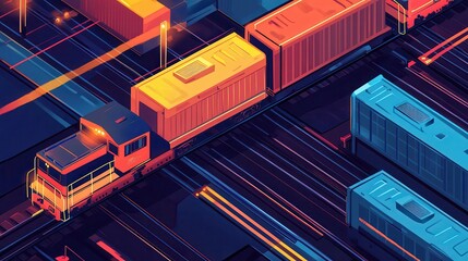 Fototapeta premium Abstract digital illustration of colorful cargo trains on tracks, showcasing modern transportation logistics.