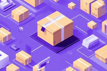 Fototapeta premium A vibrant purple background showcasing multiple isometric shipping boxes and packages, depicting logistics and delivery processes.