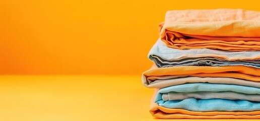Stack of neatly folded t shirts on a bright yellow background. A perfect representation of organization, tidiness, and order.