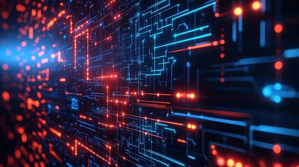 Abstract digital circuit board with futuristic electronic components, glowing red and blue lights, representing technology and data communication.