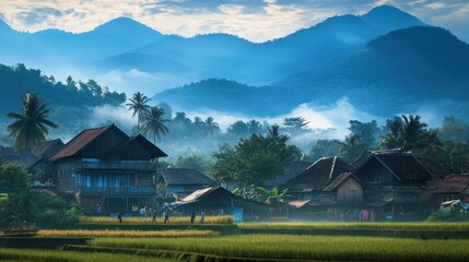 Obraz premium Scenic Mountain Village with Misty Morning