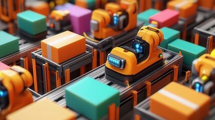 Automated robots on conveyor belts sorting colorful packages in a warehouse, showcasing advanced logistics and efficient technology.