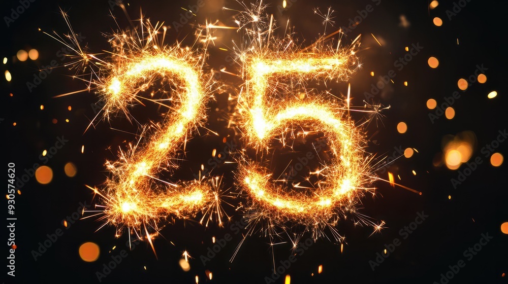 Wall mural celebration, new year - closeup of sparkler number of year 25 for 2025, black background