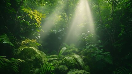Image of sunbeams filtering through dense, vibrant green foliage in a lush rainforest.