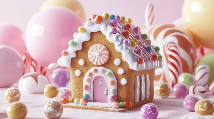 Fototapeta premium Cute gingerbread house with colorful decorations surrounded by festive candies and balloons, perfect for holiday celebrations.
