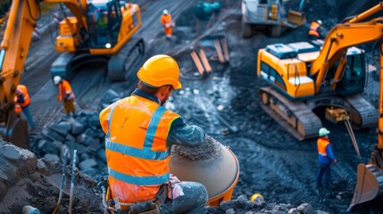 Construction site with a worker setting up a large concrete mixer, with various heavy machinery and equipment visible, illustrating the setup and use of construction equipment