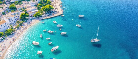 Fototapeta premium Aerial view of a picturesque coast with boats anchored in clear blue water and vibrant greenery lining the shore.