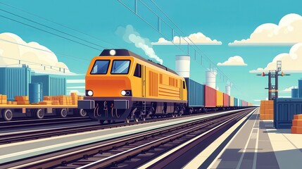 Naklejka premium Freight train moving on railroad tracks in a sunny industrial area, carrying multiple cargo containers under a bright blue sky with clouds.