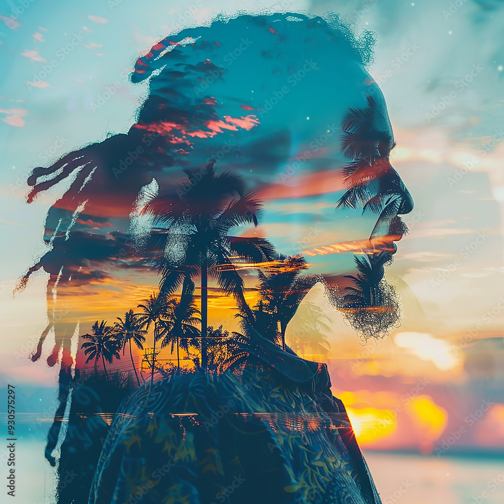 Wall mural A Rastafarian figure seamlessly merging with the vibrant colors of a tropical sunset, creating a stunning double exposure that captures the essence of reggae culture. 64k,  