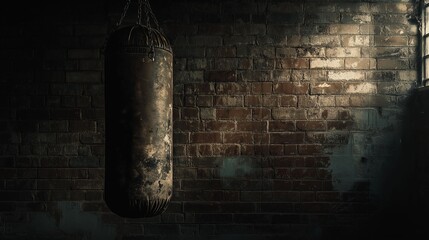 A worn-out hanging boxing bag in an atmospheric, gritty industrial gym with aged brick walls.
