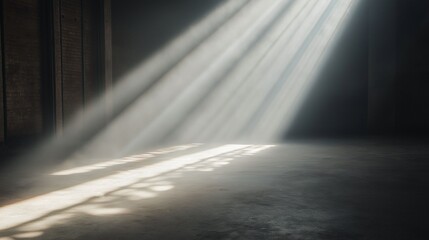 Warm sunlight streams through aged windows, casting long shadows on a worn wooden floor in an empty, atmospheric room.