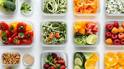 A flat lay of raw vegan meal prep containers filled with colorful salads, zoodles, and fresh fruit,...