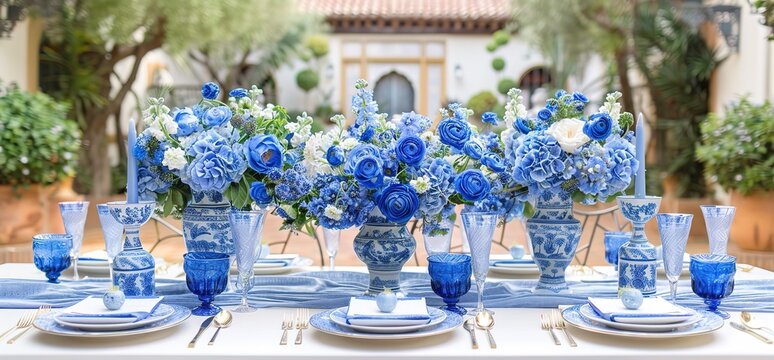 Elegant blue and white floral centerpiece on a white table with blue glassware, a beautiful and stylish tablescape perfect for a wedding or special event.