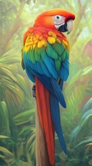 Fototapeta premium Colorful scarlet macaw perched on a wooden