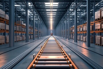Fototapeta premium Modern warehouse interior with long conveyor belt and neatly stacked shelves under industrial lighting.