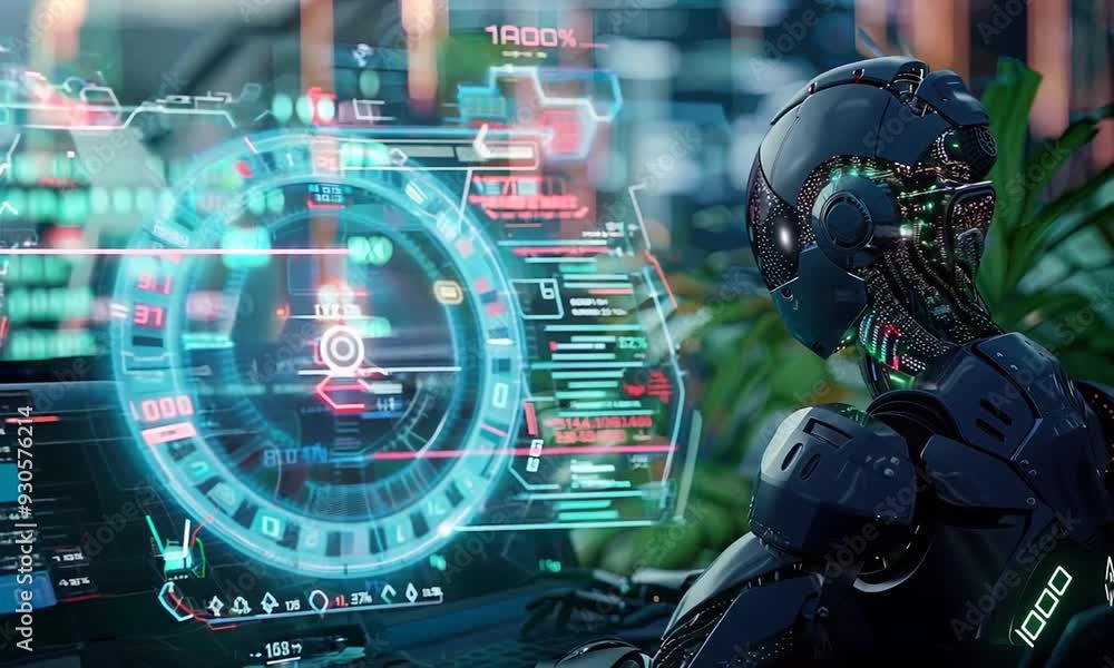 Poster illustration future financial technology controll by ai robot huminoid uses machine learning and art