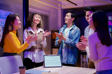 Asian young creative professional successful businesswoman staff standing greeting finishing...
