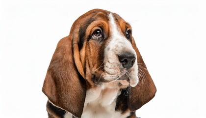 笑顔のバセット・ハウンドの子犬のポートレート（Portrait of a smiling Basset Hound puppy on white background）
