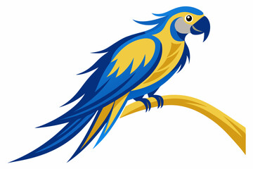 A Blue and Gold Macaw perched parrot Silhouette Vector Style with A Tree Branch on a White Background