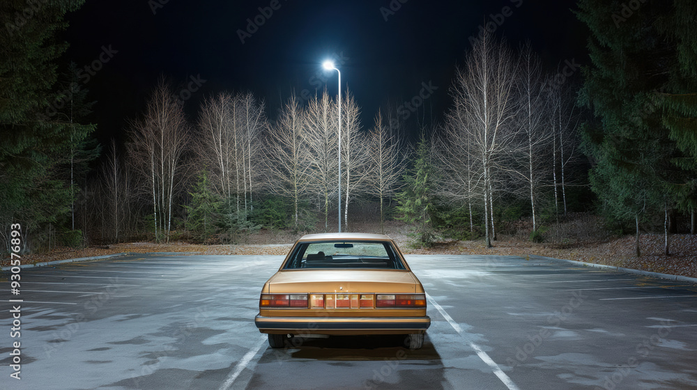 Canvas Prints An old generic car parked in a parking lot with lights on at night, AI