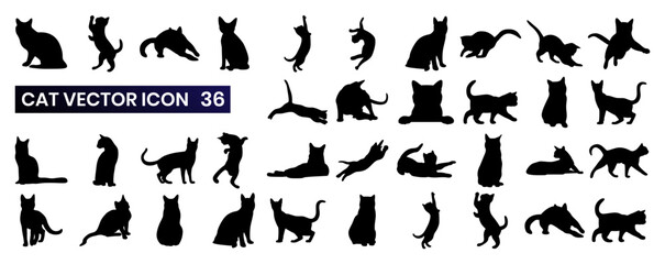 A Set of 36 vector icons contains various stylized cat icons with different poses and expressions. The set has a minimalist design for cats to sit, stretch, play, and sleep.