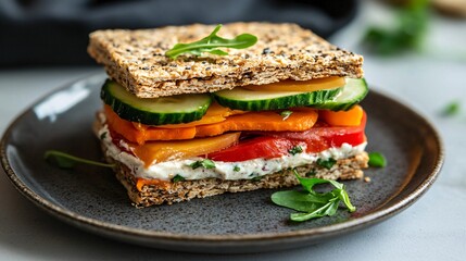 A raw vegan sandwich made with dehydrated crackers, fresh vegetables, and cashew cheese, presented on a stylish ceramic plate