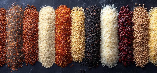 Assortment of various grains and legumes including quinoa, rice, lentils, and beans.