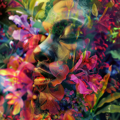 A reggae spirit's face blending with the vibrant colors of a flower garden, creating a lush and...