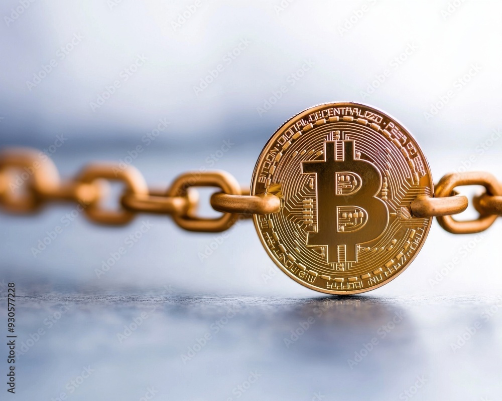 Poster a close-up of a golden bitcoin linked to a chain, symbolizing cryptocurrency and blockchain technolo