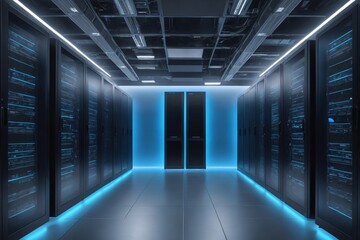 Rows of black servers illuminated by blue lights in modern server room