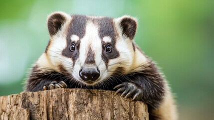 Obraz premium A curious badger peeking from behind a tree stump in a lush green forest, showcasing its distinctive striped face and playful demeanor.