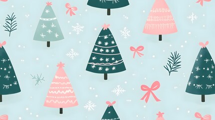 A high-resolution wrapping paper design featuring small Christmas trees, evenly spaced in a repeating pattern, with light and fresh colors such as mint green and pastel pink. Background includes 
