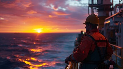 Fototapeta premium A worker wearing a yellow hard hat and safety gear looks out at a dramatic sunset over the ocean from the deck of a ship.